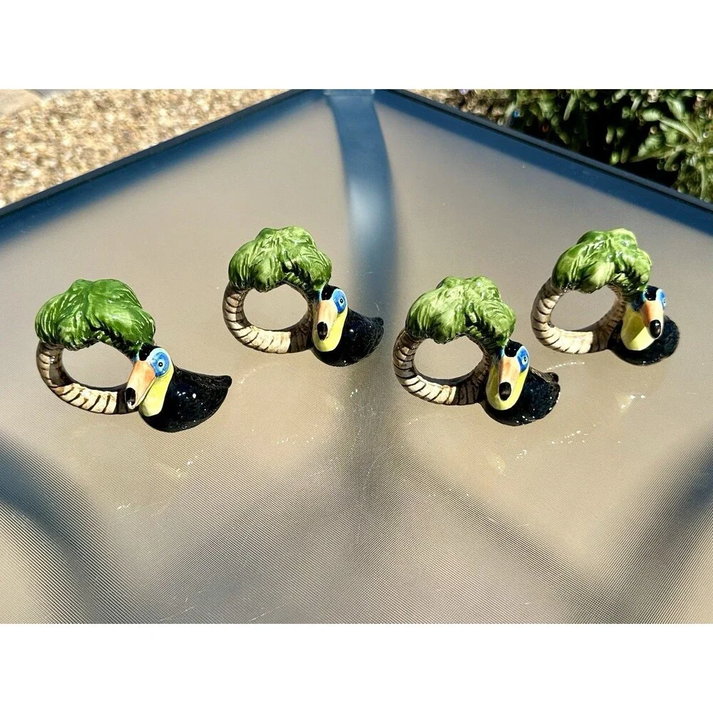 VTG 4 Toucan Palm Tree Napkin Rings Tikki Tropical Exclusively for Cardinal Inc